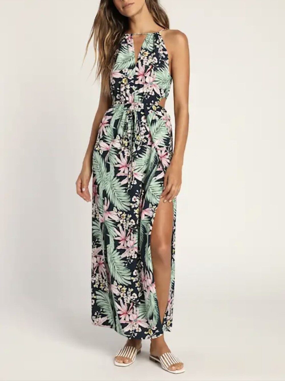 Tropical Halter Maxi Dress in Navy with Pink & Mint Floral Print